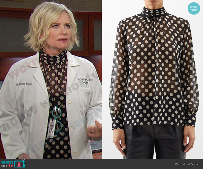 Nili Lotan Remie Polka Dot Sheer Silk Chiffon Blouse worn by Kayla Brady (Mary Beth Evans) on Days of our Lives