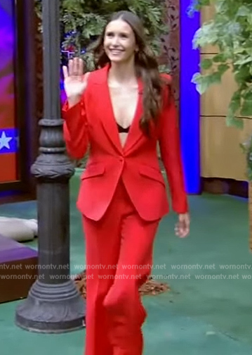 Nina Dobrev’s red blazer and pants on Live with Kelly and Mark