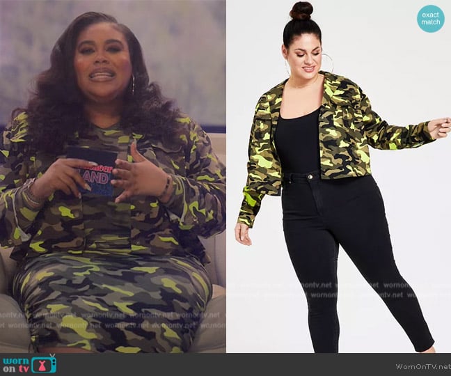 Nina Parker Trendy Plus Size Cotton Camo Cargo Jacket worn by (Nina Parker) on Grown-ish