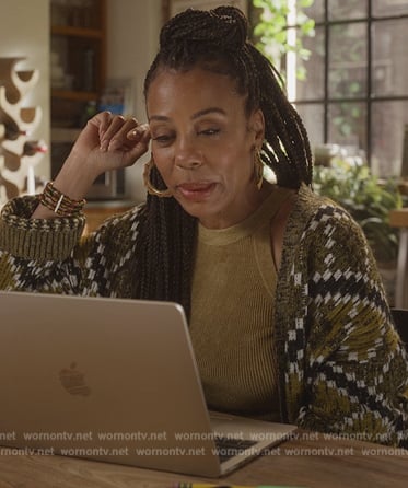 Nya’s green argyle knit cardigan on And Just Like That