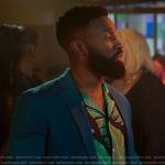 Ola’s leaf print shirt and blue ombre blazer on Run the World
