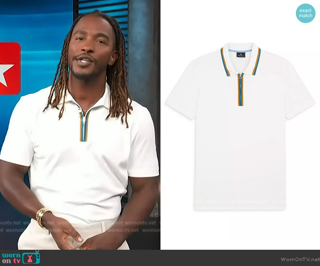 Paul Smith Tipped Zip Placket Short Sleeve Polo Shirt worn by Scott Evans on Access Hollywood