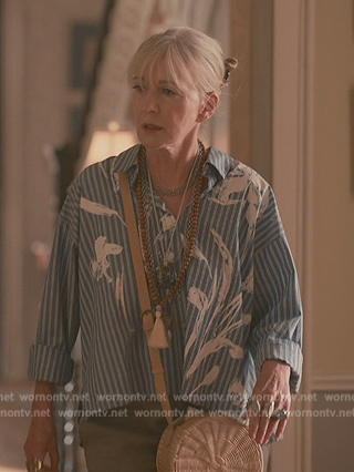 Paula’s blue floral stripe blouse on Sweet Magnolias