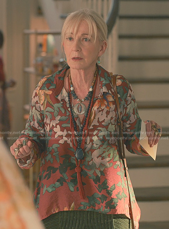 Paula’s brown floral print blouse on Sweet Magnolias