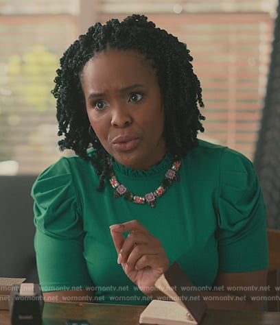 Peggy’s green puff sleeve top on Sweet Magnolias