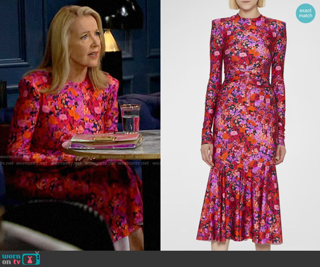 Philosophy Di Lorenzo Serafini Twisted-Front Floral Midi Flounce Dress worn by Nikki Reed Newman (Melody Thomas-Scott) on The Young and the Restless