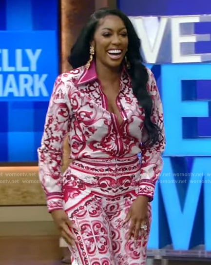 Porsha Williams’ pink printed blouse and pants on Live with Kelly and Mark