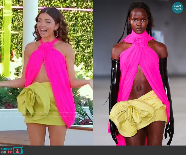 Prabal Gurung Ella halter draped open chiffon top worn by Sarah Hyland on Love Island USA