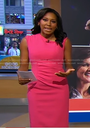 Rachel’s pink asymmetric neck dress on Good Morning America