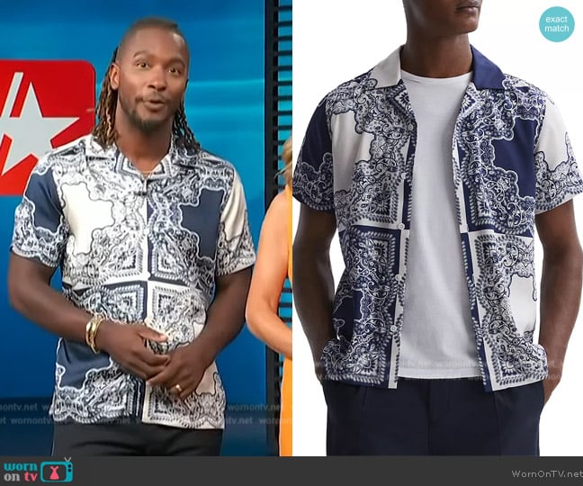 Reiss Loxley Regular Fit Short Sleeved Printed Cuban Collar Shirt worn by Scott Evans on Access Hollywood