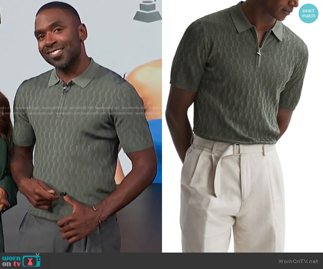 Reiss Ubud Textured Mosaic Quarter Zip Polo Sweater worn by Justin Sylvester on E! News