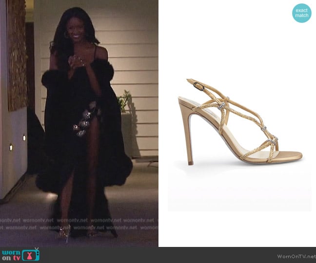 Rene Caovilla Bicolor Shimmery Strappy Satin Cocktail Sandals worn by Charity Lawson on The Bachelorette
