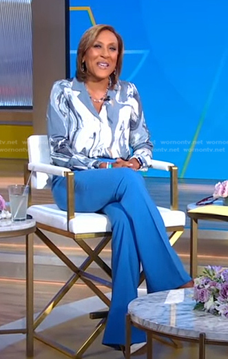 Robin’s blue marbled blouse and pants on Good Morning America