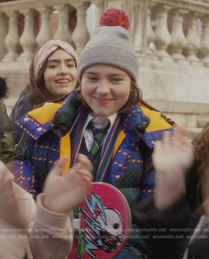Rock’s green and blue printed puffer jacket on And Just Like That