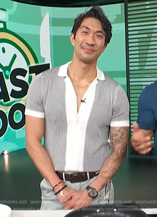 Ronnie Woo’s contrast short sleeve sweater on Access Hollywood