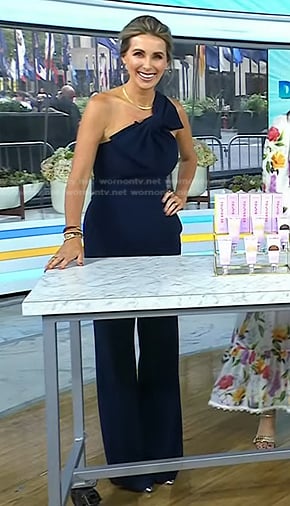 Sarah Eggenberger’s navy bow one shoulder jumpsuit on Today