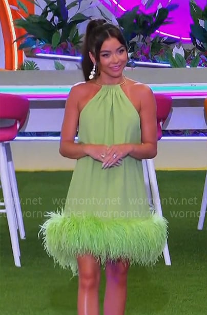 Sarah Hyland’s green feather trim dress on Love Island USA