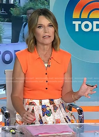 Savannah’s orange top and bird print skirt on Today