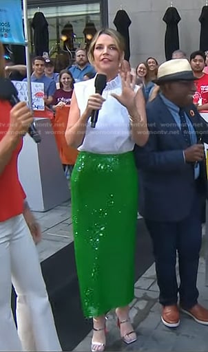 Savannah’s white pinstripe top and green sequin skirt on Today