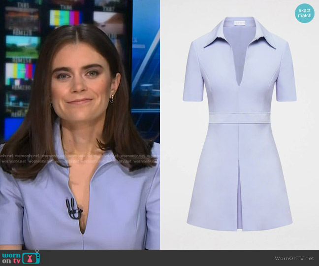 Scanlan Theodore Italian Milano Pleat Dress in Tinted Blue worn by Pippa Stevens on NBC News Daily