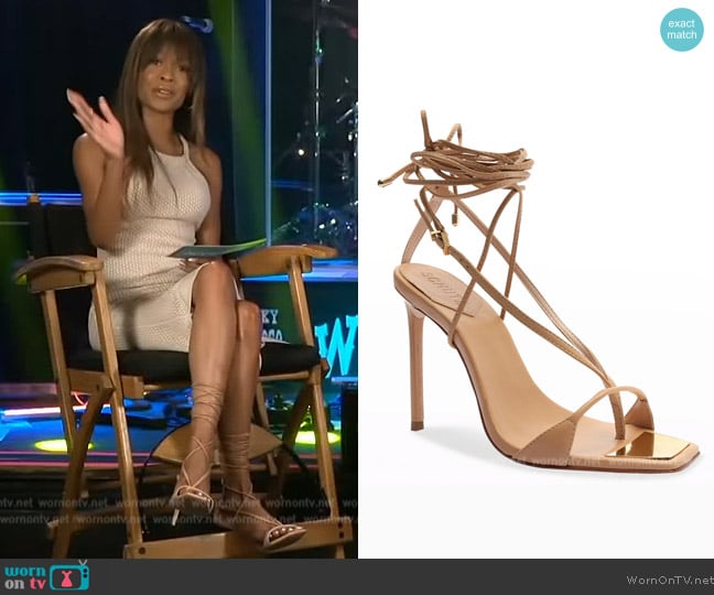 Schutz Vikki Snake-Print Strappy Thong Sandals worn by Zuri Hall on Access Hollywood