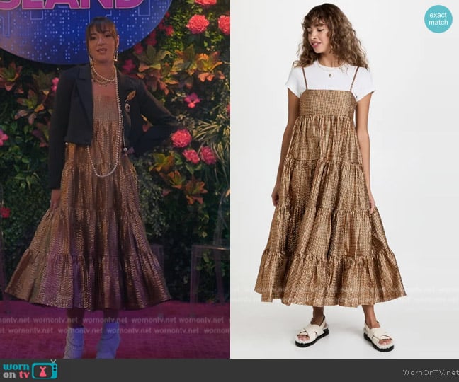 Scotch and Soda Metallic Seersucker Pinafore Maxi Dress worn by (Alisha Marie) on Grown-ish