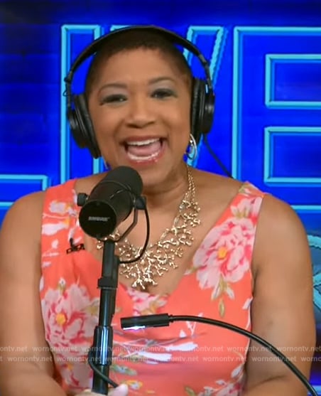 Deja Vu’s orange floral print cowl neck dress on Live with Kelly and Mark