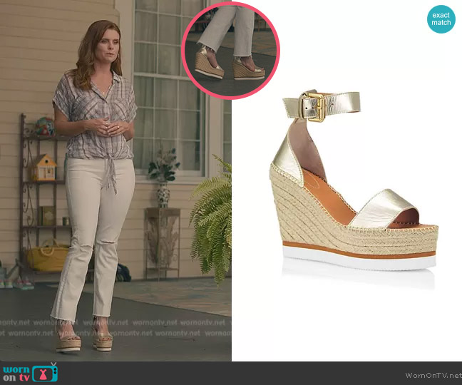 See by Chloe Glyn Metallic Leather Espadrille Wedges worn by Maddie Townsend (JoAnna Garcia Swisher) on Sweet Magnolias