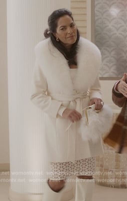 Seema’s white fur trim coat on And Just Like That