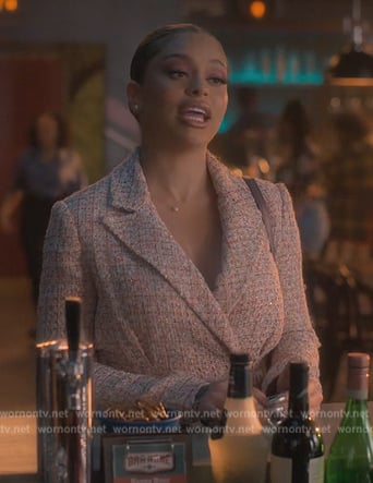 Sloane’s pink metallic tweed mini dress on Grown-ish