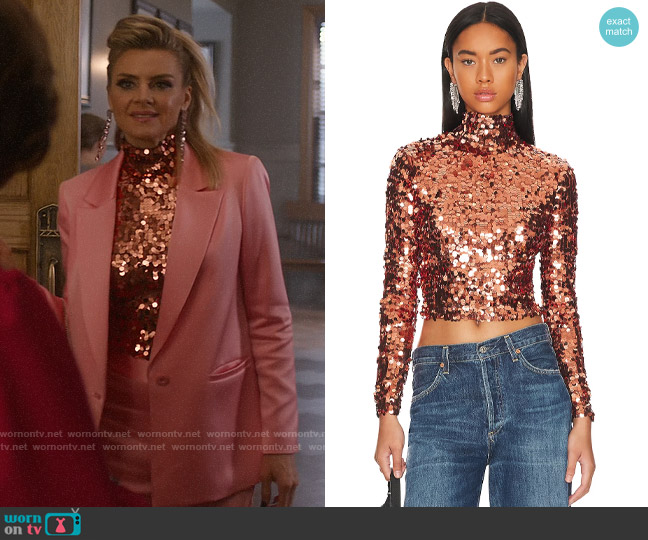 Smythe Blocked Paillette Mock Neck Top in Copper worn by Veronica Caron (Eliza Coupe) on So Help Me Todd