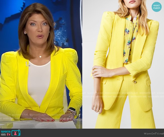 Smythe Scrunch Shoulder Longline Stretch Cotton Blazer worn by Norah O'Donnell on CBS Evening News