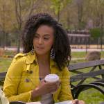 Sondi’s chartreuse trench coat and floral jeans on Run the World