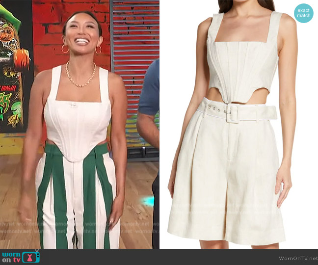 Staud Alice Linen Corset Crop Top worn by Jeannie Mai on Access Hollywood