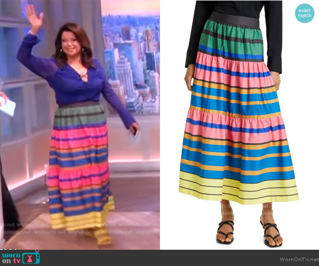 Staud Sea Striped Tiered Maxi Skirt worn by Ana Navarro on The View