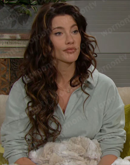 Steffy’s sage green polo sweatshirt on The Bold and the Beautiful