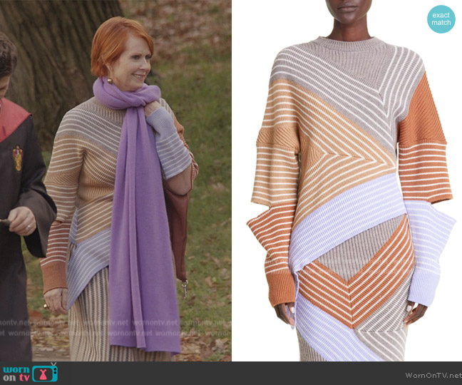 Stella McCartney 3D Stripe Cutout Asymmetric Virgin Wool Sweater worn by Miranda Hobbs (Cynthia Nixon) on And Just Like That