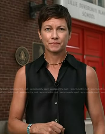 Stephanie’s black sleeveless satin shirt on Today