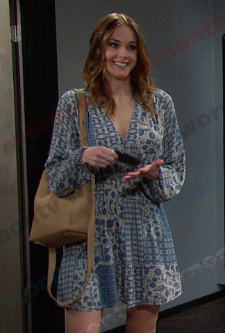 Stephanie’s blue print v-neck dress on Days of our Lives