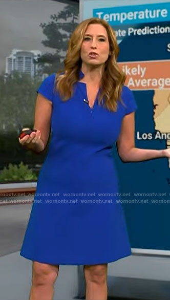 Stephanie Abrams’s blue v-neck a-line dress on CBS Mornings