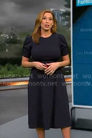 Stephanie Abrams’ navy short sleeve a-line dress on CBS Mornings