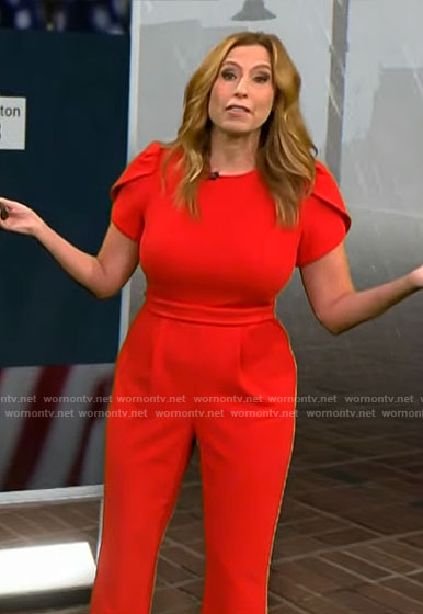 Stephanie Abram’s red tulip sleeve jumpsuit on CBS Mornings