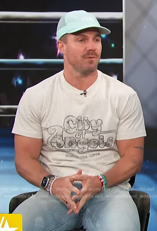 Stephen Amell’s City of Angels print tee on Access Hollywood