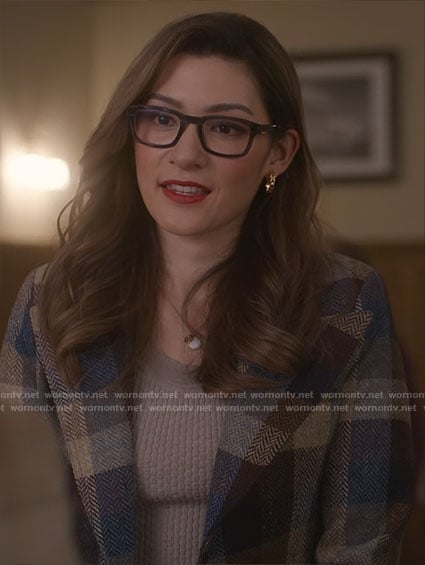 Susan’s brown and blue checked jacket and knit top on So Help Me Todd