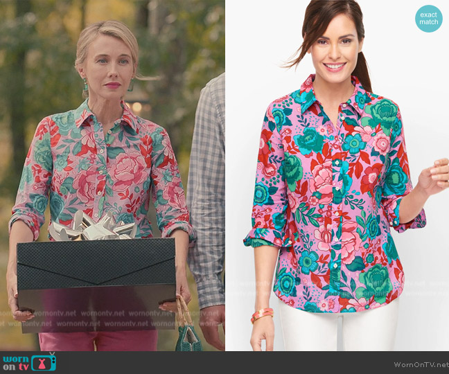 Talbots Cotton Button Front Shirt in Sketched Blooms worn by (Wynn Everett) on Sweet Magnolias