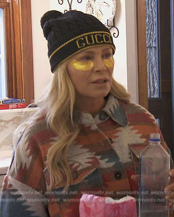 Tamra’s aztec print jacket and beanie on The Real Housewives of Orange County