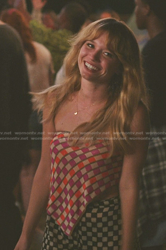 Taylor’s check strapless top and pants on The Summer I Turned Pretty