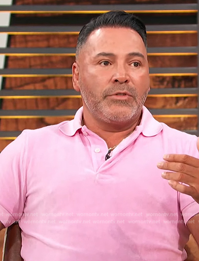 Oscar de la Hoya’s pink polo on Access Hollywood