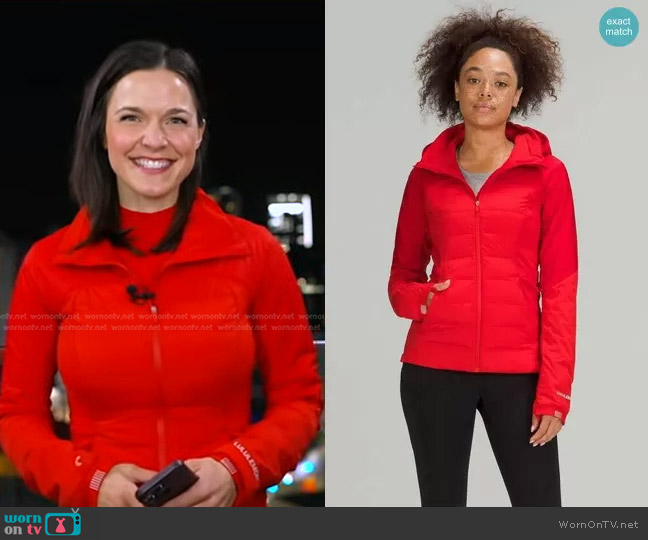 Lululemon Down for It All Jacket in Grenadine Red worn by Maggie Rulli on Good Morning America
