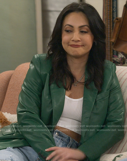 Val’s green leather blazer on How I Met Your Father